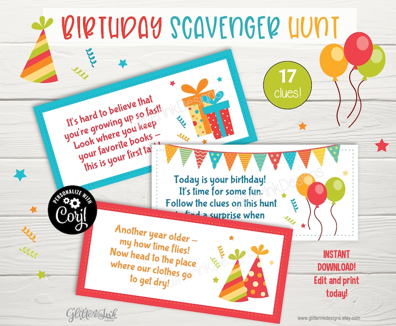 Birthday party scavenger hunt clue cards & sign / Birthday treasure hunt clues for kids / Printable birthday party game - instant download image 6