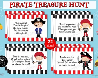 Pirate party scavenger hunt clue cards / Pirate treasure hunt clues for kids / Pirate birthday party games digital download edit with Corjl