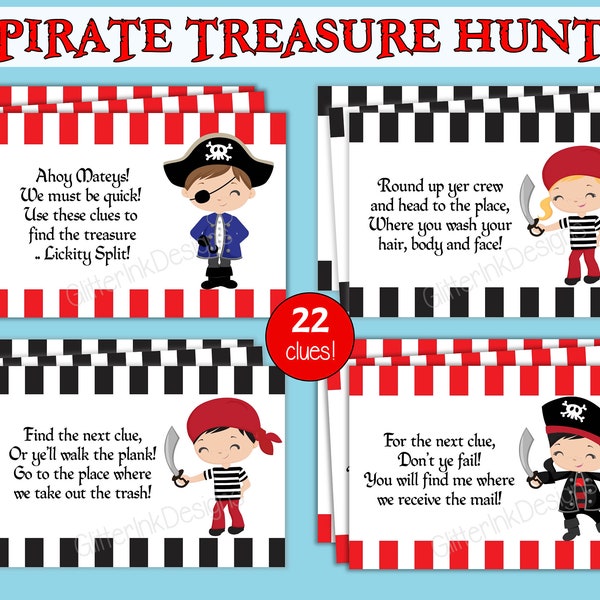 Pirate party scavenger hunt clue cards / Pirate treasure hunt clues for kids / Pirate birthday party games digital download edit with Corjl