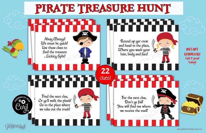 Peut inclure: Un jeu de chasse au tr&eacute;sor pirate imprimable avec 22 indices. Les indices sont &eacute;crits dans un style rim&eacute; amusant et pr&eacute;sentent des illustrations de pirates. Le jeu est parfait pour une f&ecirc;te ou un &eacute;v&eacute;nement sur le th&egrave;me des pirates.