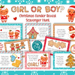 May include: A Christmas gender reveal scavenger hunt with 14 clues. The clues are printed on colorful cards with gingerbread-themed illustrations. The text on the cards includes phrases like "It's Christmas time, and we're so excited" and "A sweet little baby, what more could we wish for?"