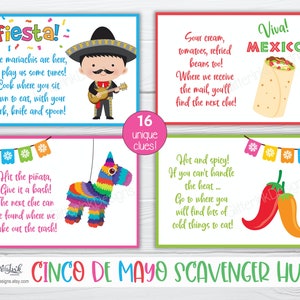 Ledtrådskort till skattjakt för Cinco de Mayo, lekar för mexikansk fiesta till födelsedagskalas för barn, ledtrådar att skriva ut för skattjakt till Taco Tuesday bild 5