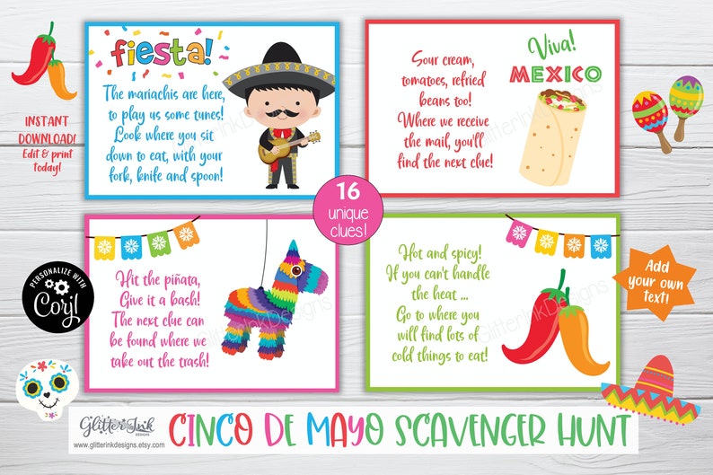 Ledtrådskort till skattjakt för Cinco de Mayo, lekar för mexikansk fiesta till födelsedagskalas för barn, ledtrådar att skriva ut för skattjakt till Taco Tuesday bild 5
