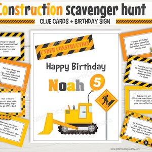 Cartões de dicas para caça ao tesouro de festa de construção + placa de aniversário / Dicas para caça ao tesouro de crianças de construção / Jogos de festa de aniversário de construção