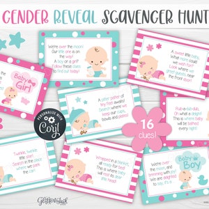 Le sexe révèle des cartes-indices de chasse au trésor pour les jeux de fête de baby shower, des indices de chasse au trésor imprimables sarcelle et rose