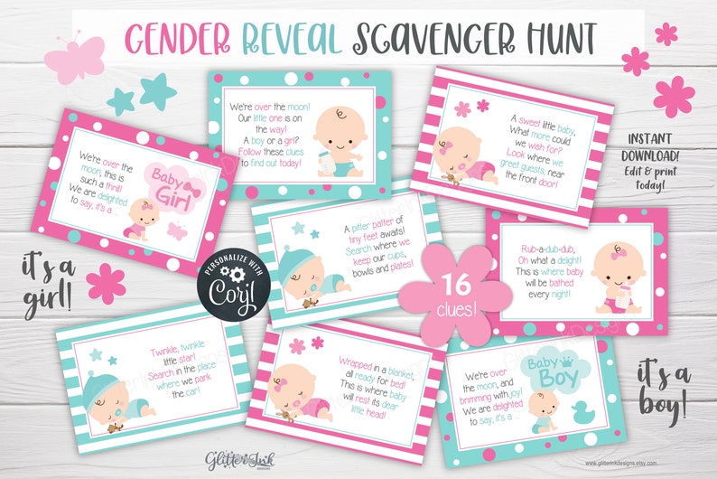 Gender reveal scavenger hunt clue cards for baby shower party games, Teal and pink printable treasure hunt clues image 1