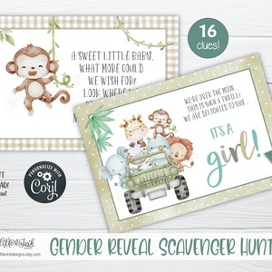Gender reveal scavenger hunt clue cards for baby shower party games, Jungle treasure hunt printable clues image 8