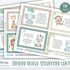 May include: A gender reveal scavenger hunt game with 16 clues. The clues are printed on cards with a jungle theme and feature illustrations of animals such as a giraffe, elephant, zebra, lion, monkey, and hippopotamus. The cards are printed on white letter size or A4 paper and can be folded to fit inside small treat bags or boxes.