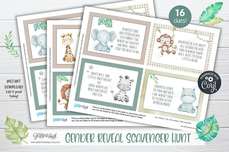 May include: A gender reveal scavenger hunt game with 16 clues. The clues are printed on cards with a jungle theme and feature illustrations of animals such as a giraffe, elephant, zebra, lion, monkey, and hippopotamus. The cards are printed on white letter size or A4 paper and can be folded to fit inside small treat bags or boxes.