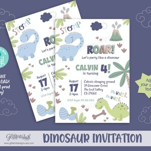 May include: A printable dinosaur-themed birthday invitation featuring a green dinosaur, a volcano, and palm trees. The invitation reads "Roar! Let's party like a dinosaur. Calvin 4! Is turning."