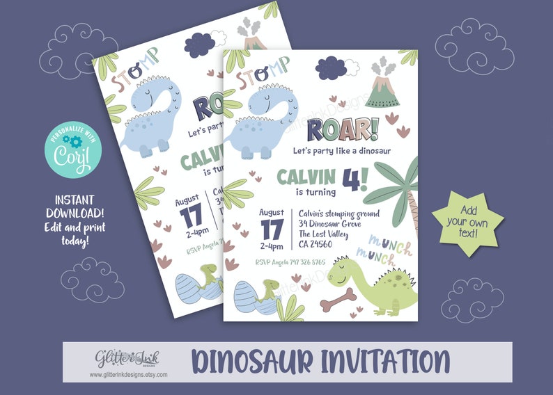 Dinosaur invitation / Dinosaur party invitation / Dinosaur birthday invitation / Dinosaur theme party printable invitation image 3