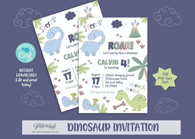 May include: A printable dinosaur-themed birthday invitation featuring a green dinosaur, a volcano, and palm trees. The invitation reads "Roar! Let's party like a dinosaur. Calvin 4! Is turning."