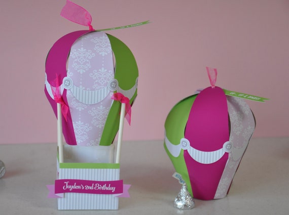 Hot air balloon centerpiece decorations / Up up and away baby shower favors / 1st birthday balloon party printable favor box fuchsia & lime Il_570xn