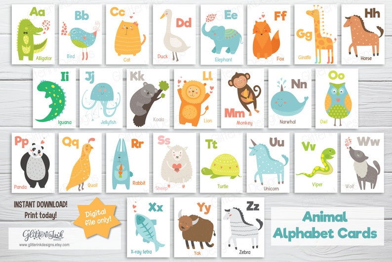 Animal alphabet flash cards / ABC animal flash cards nursery classroom alphabet cards / Printable kindergarten homeschool learning game image 2