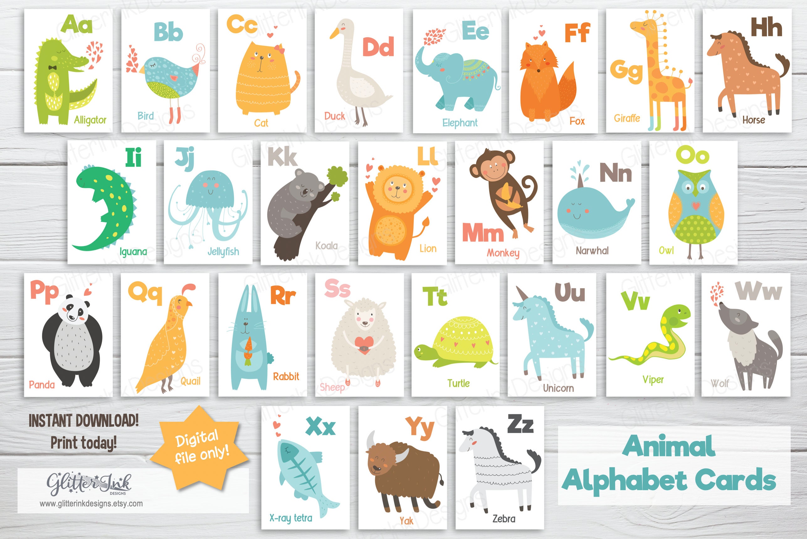 Animal alphabet flash cards ABC animal flash cards nursery Etsy