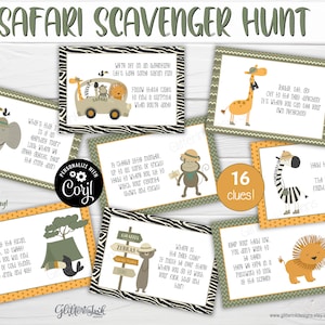 Cartes-indices imprimables de chasse au trésor safari dans la jungle, premier anniversaire d'animaux ou jeux de fête de baby shower, indices de chasse au trésor