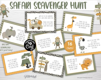 Junglesafari afdrukbare speurtocht-aanwijzingskaarten, dieren eerste verjaardag of babyshower-feestspellen schattenjacht-aanwijzingen