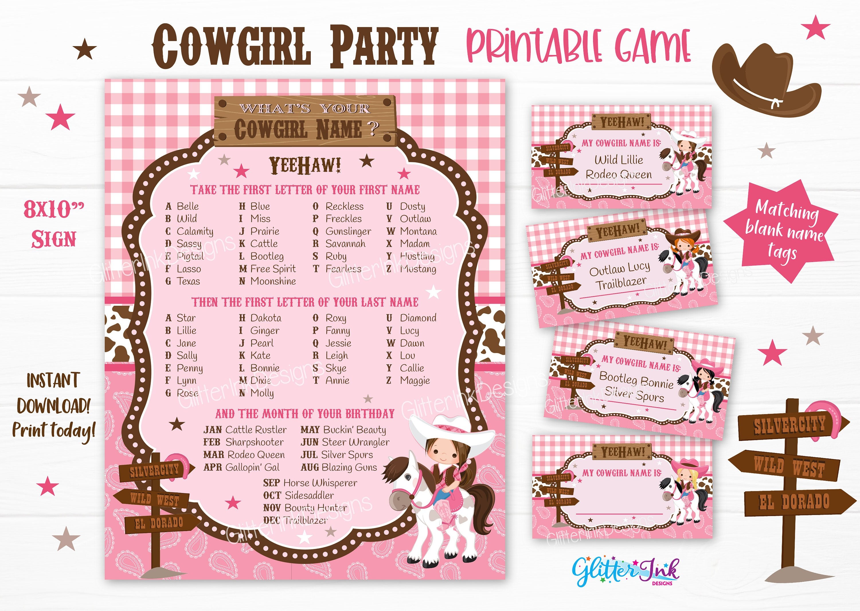 What's Your Cowgirl Name Game (1 Cowgirl Theme Sign and 30 Name Tag  Stickers), Cowgirl Game Party Decoration, Birthday Game for Kids, Family  Game-5