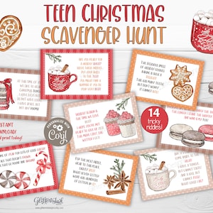 Enigmi da caccia al tesoro di Natale per adolescenti, indizi da caccia al tesoro di Natale per bambini più grandi, adolescenti e adulti, giochi di Natale difficili con dolcetti di pan di zenzero