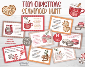 May include: A set of 14 printable Christmas scavenger hunt cards with illustrations of gingerbread cookies, candy canes, hot chocolate, and macarons. The cards feature riddles and clues for a fun holiday activity.