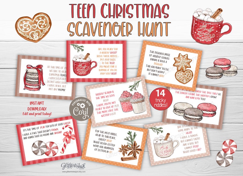 Peut inclure: Un ensemble de 14 cartes de chasse au tr&eacute;sor de No&euml;l imprimables avec des illustrations de biscuits de pain d'&eacute;pices, de cannes en sucre, de chocolat chaud et de macarons. Les cartes pr&eacute;sentent des &eacute;nigmes et des indices pour une activit&eacute; de vacances amusante.