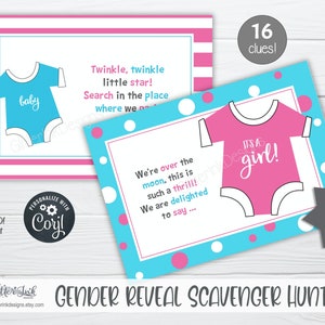 Gender reveal scavenger hunt clue cards for baby shower party games, Sibling announcement printable treasure hunt clues image 4