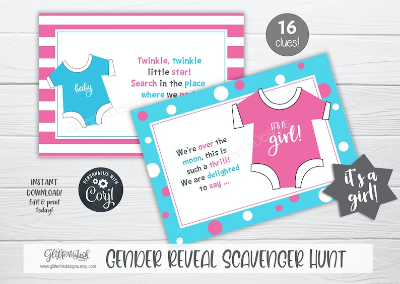 Gender reveal scavenger hunt clue cards for baby shower party games, Sibling announcement printable treasure hunt clues image 4