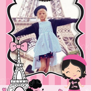 Puede incluir: Una invitaci&oacute;n rosa y negra con una foto de una ni&ntilde;a frente a la Torre Eiffel. La invitaci&oacute;n dice "Amelie's Paris Party".