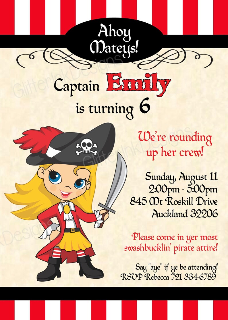 K&ouml;nnte beinhalten: Ahoy Mateys!  Kapit&auml;nin Emily wird 6 Jahre alt. Wir runden ihre Crew auf! Sonntag, 11. August, 14:00 - 17:00 Uhr, 845 Mt Roskill Drive, Auckland 32206. Bitte kommt in eurer tollsten Piraten-Montur!  Sagt "ja", wenn ihr dabei seid! RSVP Rebecca 721 334-6789.