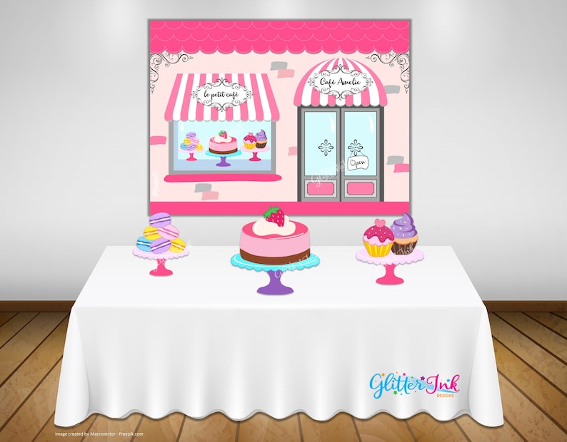 Paris party printable PERSONALIZED poster dessert table backdrop photo prop wall art French caf\u00e9 patisserie bakery cupcakes macaroons cake