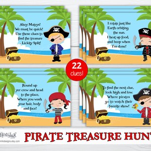 May include: A set of 22 printable pirate treasure hunt clues featuring illustrations of pirates and treasure chests. The clues are designed for a pirate-themed party or event.