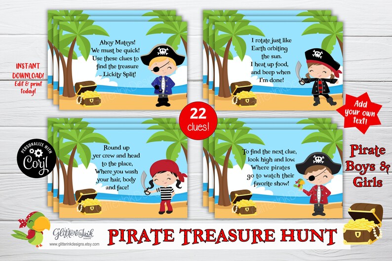 May include: A set of 22 printable pirate treasure hunt clues featuring illustrations of pirates and treasure chests. The clues are designed for a pirate-themed party or event.