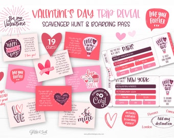 Valentine's Day surprise trip reveal scavenger hunt boarding pass / Printable Valentines Day treasure hunt clues / Adult couple love notes