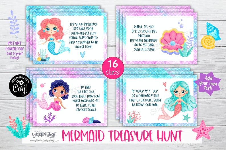 May include: A set of 16 printable mermaid treasure hunt clues. Each clue features a cute mermaid illustration with a pink, blue, and purple background. The text on the clues includes phrases like "It's your birthday! It's have some under-the-sea fun!" and "As quick as a flick of a mermaid's tail!"