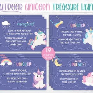 EXTÉRIEUR Cartes indices de chasse au trésor licorne, jeux de fête d'anniversaire imprimables pour enfants indices de chasse au trésor - modifier avec Corjl, téléchargement numérique