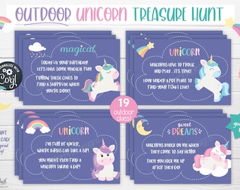 Outdoor unicorn scavenger hunt / Unicorn party kids treasure hunt clues / Printable unicorn birthday party games for kids - digital download