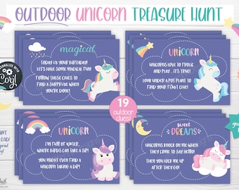 May include: A set of 19 printable cards for an outdoor unicorn treasure hunt. The cards are purple with a white unicorn illustration and text that reads "magical", "unicorn", and "sweet dreams".