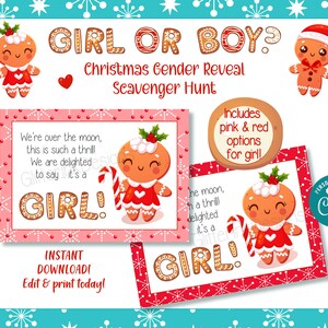 Gingerbread gender reveal scavenger hunt clue cards, Christmas baby shower He or She printable treasure hunt clues image 4