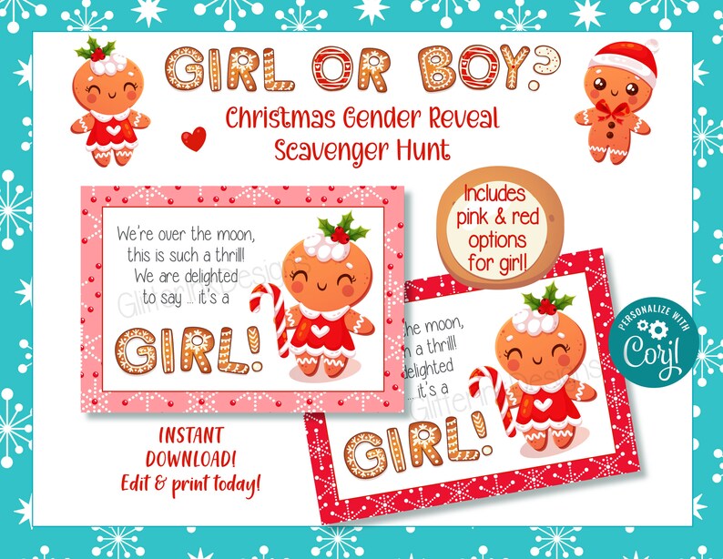 Gingerbread gender reveal scavenger hunt clue cards, Christmas baby shower He or She printable treasure hunt clues image 4