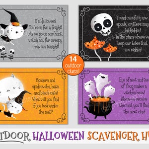 May include: A set of 14 printable Halloween scavenger hunt cards featuring cute illustrations of cats, ghosts, spiders, and a cauldron. The cards have a black and orange border and include text such as "It's Halloween! You're in for a fright!" and "Tread carefully now - spooky critters may be hidden!"