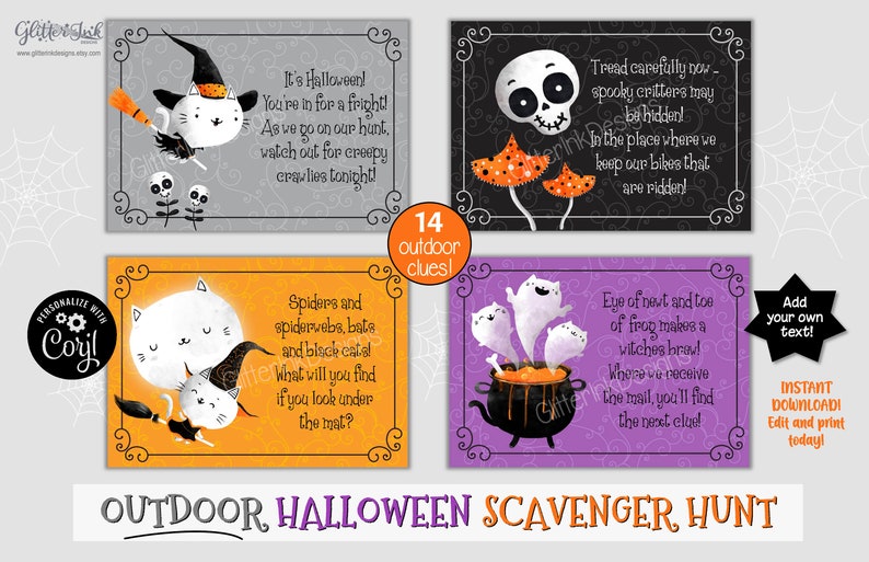 May include: A set of 14 printable Halloween scavenger hunt cards featuring cute illustrations of cats, ghosts, spiders, and a cauldron. The cards have a black and orange border and include text such as "It's Halloween! You're in for a fright!" and "Tread carefully now - spooky critters may be hidden!"