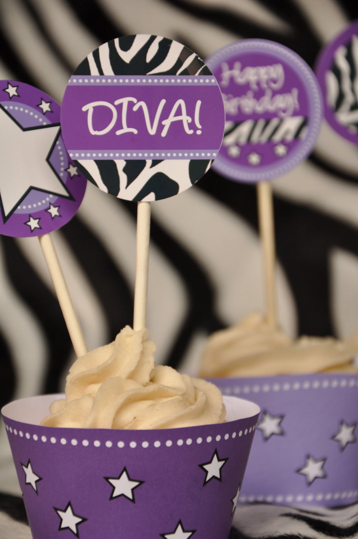 Diva Glam Spa Party Purple Zebra Print Pdf Printable Cupcake Etsy