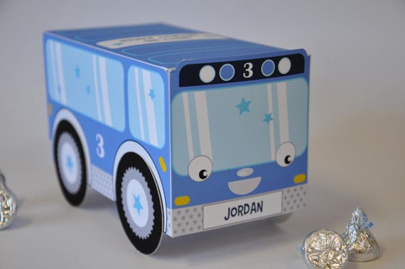 Bus birthday party favor box PDF printable cupcake treat box, text editable paper toy car or centerpiece decoration - blue Il_570xn