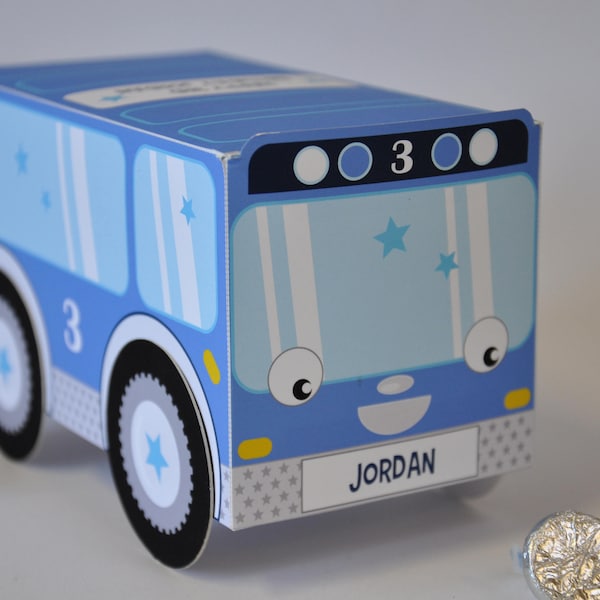 Boîte de faveur imprimable d'anniversaire de petit bus / boîte de cupcake de boîte de régal de fête de bus / décoration de pièce maîtresse de papier modifiable de texte de faveurs de partie de bus