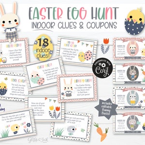 Caccia alle uova di Pasqua al chiuso con i coupon Bunny Bucks / Caccia al tesoro di Pasqua per bambini / Indizi stampabili per la caccia al tesoro di Pasqua / Giochi del coniglietto di Pasqua