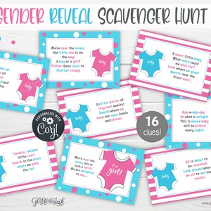 Gender reveal scavenger hunt clue cards for baby shower party games, Sibling announcement printable treasure hunt clues image 2
