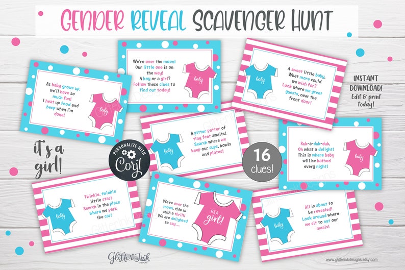 Gender reveal scavenger hunt clue cards for baby shower party games, Sibling announcement printable treasure hunt clues image 2