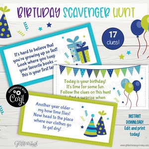 May include: A printable birthday scavenger hunt with 17 clues. The cards feature blue, green, and yellow colors with illustrations of party hats, balloons, and gifts. The text on the cards reads "It's hard to believe that you're growing up so fast! Look where you keep your favorite books - this is your first task", "Today is your birthday! It's time for some fun. Follow the clues on this hunt and find a surprise when", and "Another year older - my how time flies! Now head to the place where our clothes go to get dry!"