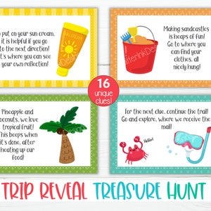 May include: A set of 16 colorful cards with illustrations and text for a summer-themed treasure hunt. The cards feature images of a pineapple, a coconut, a palm tree, a beach bucket, a crab, a snorkel, and a tube of sunscreen. The text on the cards includes clues for the treasure hunt, such as "To put on your sun cream, it is helpful if you go to the next direction! It's where you can see your own reflection!" and "Making sandcastles is heaps of fun! Go to where you can find your clothes, all nicely hung!"