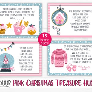 May include: Pink and blue printable Christmas treasure hunt game cards with illustrations of a snowman, a gingerbread house, a hot chocolate mug, a snow globe, a sweater, and mittens. The cards have instructions for a scavenger hunt with 15 clues. The text on the cards reads "Indoor Pink Christmas Treasure Hunt".